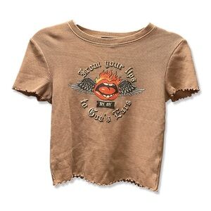 Forever 21 Tan Knitted graphic cropped tee | Tattoo Graphic | Small | NEW